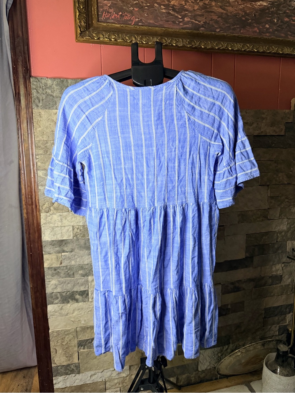 SIGNATURE BY ROBBIE BEE Blue Striped Tiered Babydoll Mini Dress Size Small - Picture 2 of 4